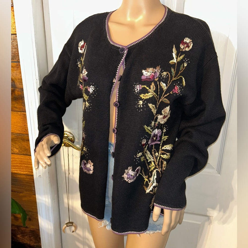 Vintage Black floral embroidered cardigan sweater with purple trim#boho #cottage